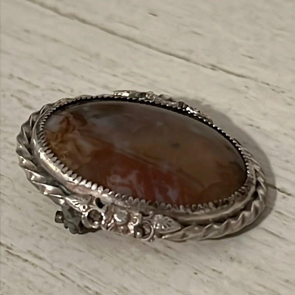 Antique unmarked sterling silver quartz brooch floral Filigree 1.75” x 1.25”